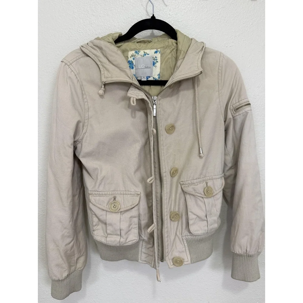 U2 Ladies Twill Quilted Thermolite Hooded Bomber Jacket Women M Beige Streetwear